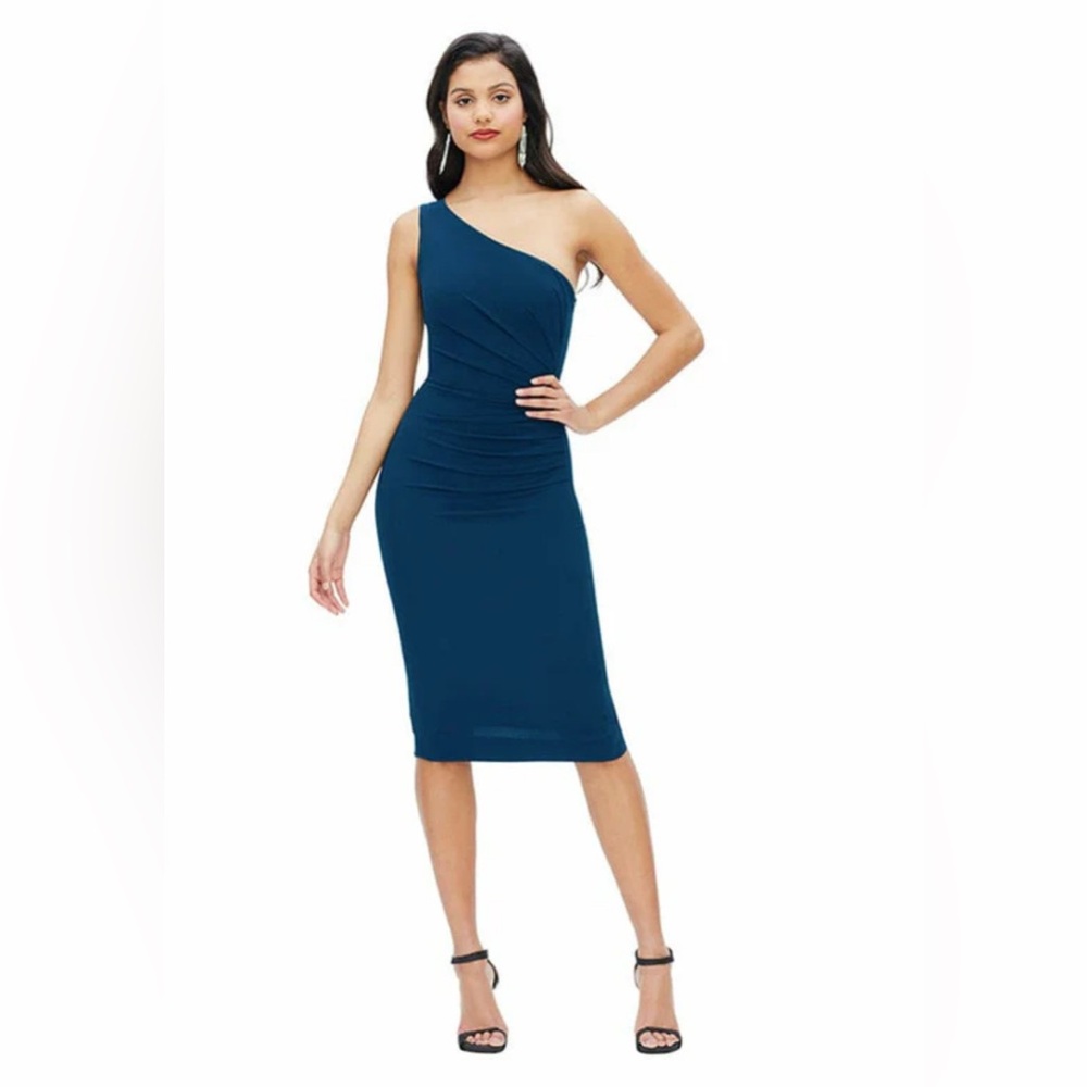Dress the Population peacock blue one shoulder side ruche Martine dress size M